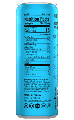 Odyssey® 222 Energy + Focus Sparkling Blue Raspberry Mushroom Elixir Energy Drink Perspective: back