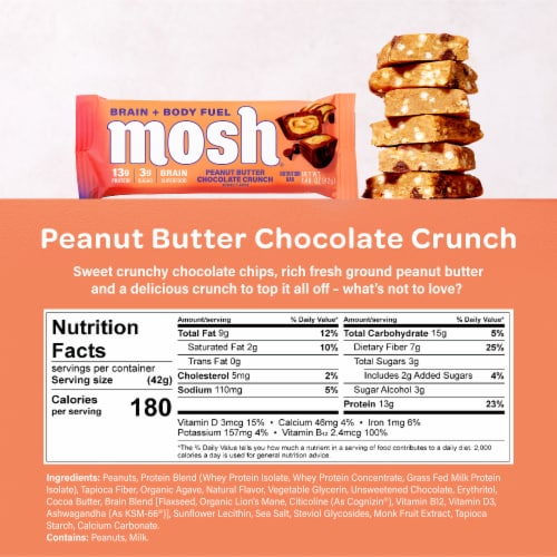 Mosh® Peanut Butter Chocolate Crunch Brain + Body Fuel Nutrition Bar Perspective: back