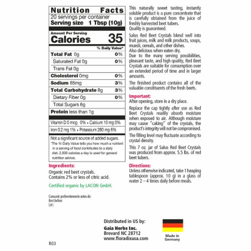 Salus Organic Red Beet Soluble Crystals Dietary Supplement Perspective: back