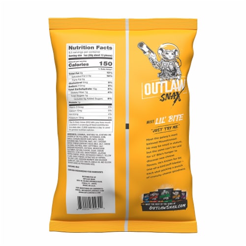 Outlaw Snax Zesty Cheddar Space Puffs Perspective: back