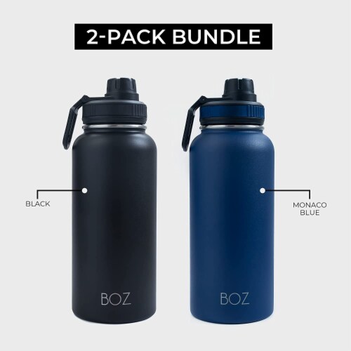 BOZ Stainless Steel Water Bottle XL - Two-Pack Bundle, Blue / Black, (1 L / 34oz) Wide Mouth Perspective: back
