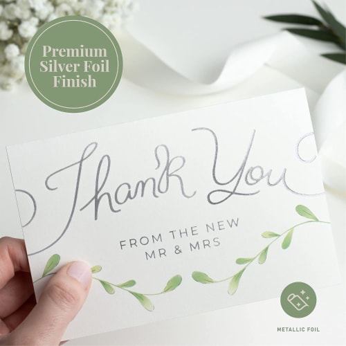 Thank You Wedding Cards with Envelopes & Stickers, 100 Bulk Pack, Silver Foil Perspective: back