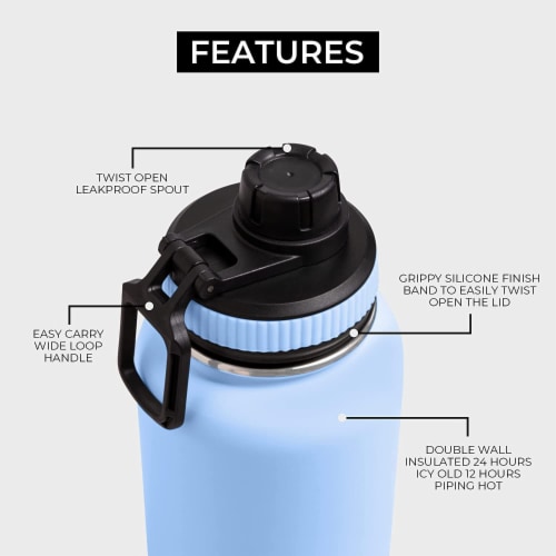 BOZ Stainless Steel Water Bottle XL (1 L / 32oz) Wide Mouth (Light Blue) Perspective: back
