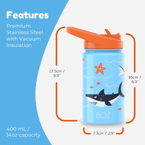 BOZ Kids Insulated Water Bottle with Straw Lid, Stainless Steel Double Wall Water Cup-Shark Perspective: back