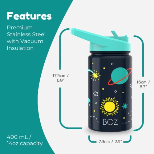 BOZ Kids Insulated Water Bottle with Straw Lid, Stainless Steel Double Wall-Space Perspective: back