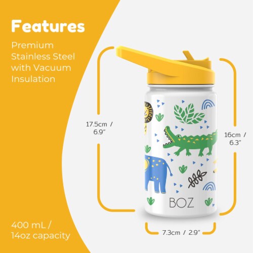 BOZ Kids Insulated Water Bottle with Straw Lid, Stainless Steel Double Wall (Safari) Perspective: back