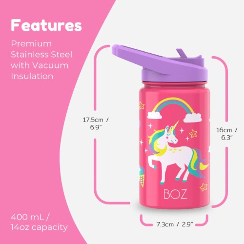 BOZ Kids Insulated Water Bottle with Straw Lid, Stainless Steel Double Wall Water Cup-Unicorn Perspective: back