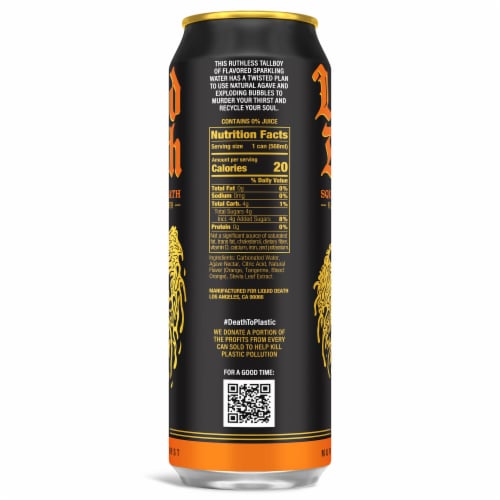 Liquid Death, Squeezed to Death, Orange-Flavored Sparkling Water Perspective: back