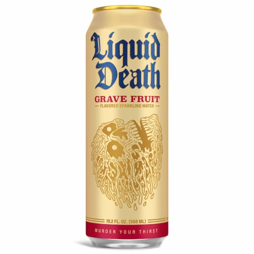 Liquid Death, Grave Fruit, Grapefruit-Flavored Sparkling Water Perspective: back