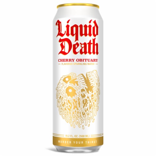 Liquid Death, Cherry Obituary, Cherry-Flavored Sparkling Water Perspective: back