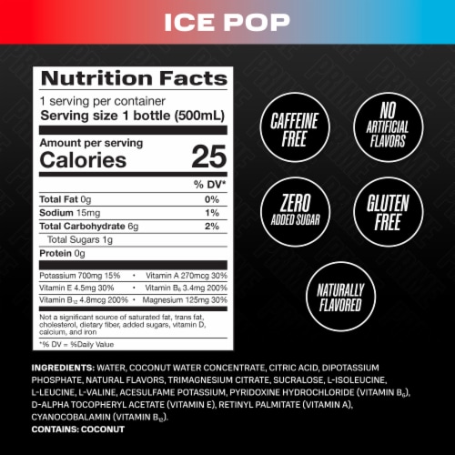  PRIME Hydration ICE POP, Sports Drinks, Electrolyte Enhanced  for Ultimate Hydration, 250mg BCAAs, B Vitamins, Antioxidants, 2g Of  Sugar, 16.9 Fluid Ounce