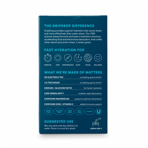 DripDrop® Lemon Lime Fast Hydration Electrolyte Drink Mix Packets Perspective: back