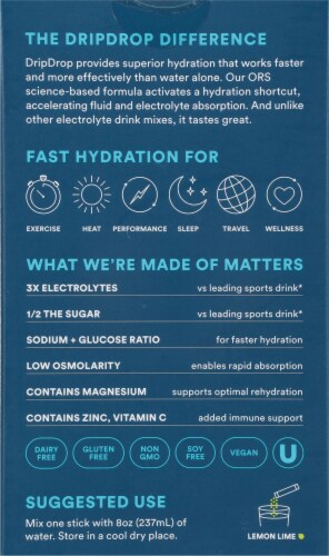 DripDrop® Lemon Lime Fast Hydration Electrolyte Drink Mix Packets Perspective: back