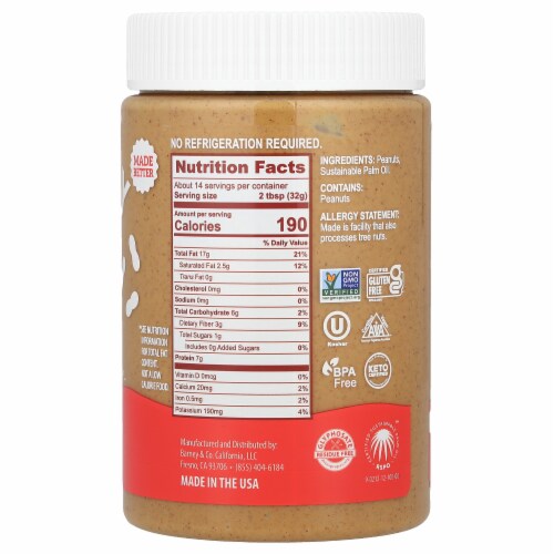 Barney Butter Peanut Butter Spread Bare Smooth - 16 oz (454 g) Perspective: back