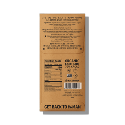 Hu® Cashew Butter + Pure Vanilla Bean Organic Stone-Ground Cacao Dark Chocolate Bar Perspective: back