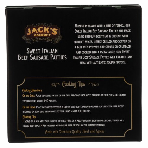 Jack’s Gourmet Delicious and Kosher Sweet Italian Beef Sausage Patties Perspective: back