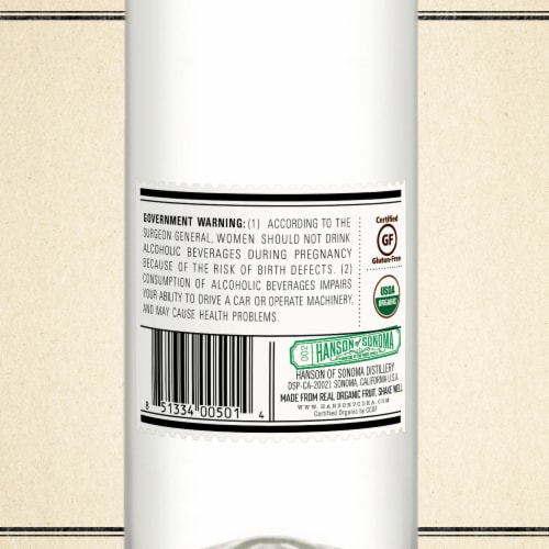Hanson of Sonoma Organic Cucumber Grape-Based California Family Made Vodka 750 ml Perspective: back