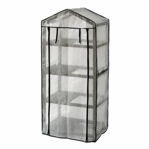 VT Nursery - 4 Tier Wooden Greenhouse FSC 100% Gray Wash (with PE cover) Perspective: back