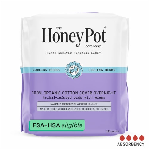 The Honey Pot® Overnight Pads with Wings 100% Organic Cotton Cover Heavy Absorbency Herbal Infused Perspective: back