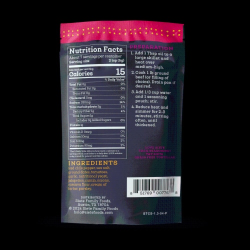 Siete Spicy Taco Seasoning Perspective: back