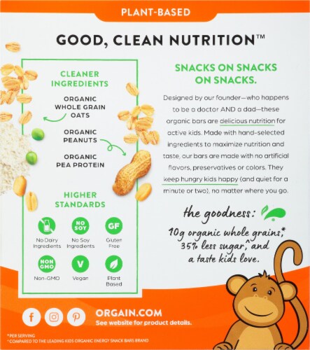 Orgain Kids O Bar Peanut Butter Organic Whole Grain Energy Snack Perspective: back