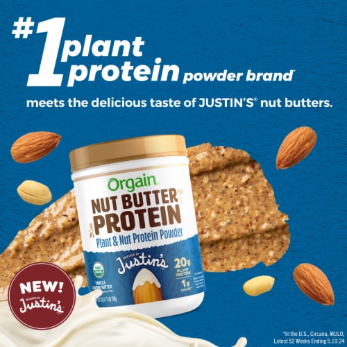 Orgain X JUSTIN’S® Organic Plant & Nut Butter 20g Vegan Protein Powder, Vanilla Almond Butter Perspective: back