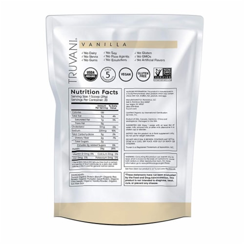 Truvani Plant Based Protein Powder, Vanilla, 20.9 oz Perspective: back