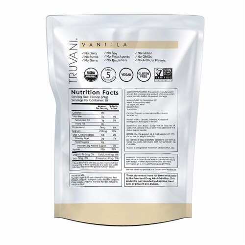 Truvani Plant Based Protein Powder, Vanilla, 20.9 oz Perspective: back