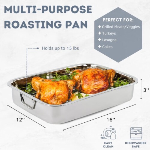 Premium Stainless Steel Roasting Pan with Rack, 16 inch Perspective: back
