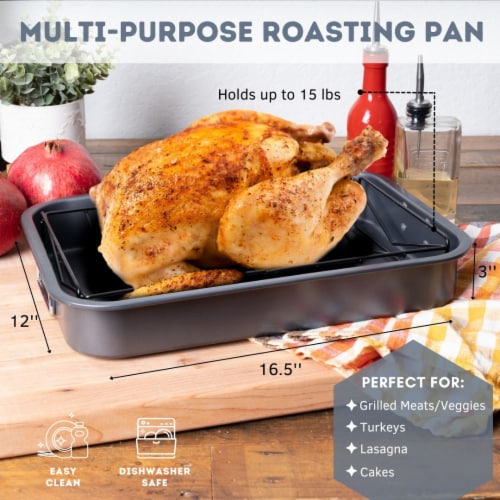 Ovente Oven Roasting Pan Nonstick Carbon Steel Baking Tray with V-Shaped  Design Rack and Carving