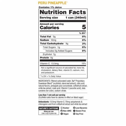 Bai® Bubbles Peru Pineapple Flavored Sparkling Bottled Water Perspective: back