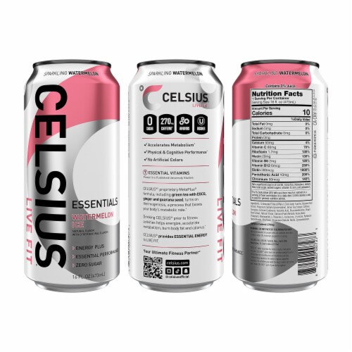 CELSIUS® ESSENTIALS Watermelon Ice Performance Sparkling Energy Drink Can Perspective: back