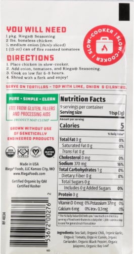 Riega® Chicken Street Tacos Chicken Tinga Organic Taco Seasoning Perspective: back