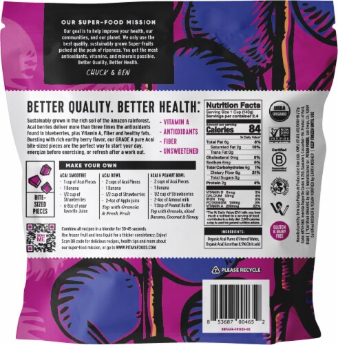 Pitaya Foods® Organic Acai Berry Unsweetened Bite Sized Frozen Pieces Perspective: back