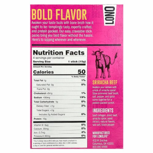 Lonolife Sipping Bone Broth Sriracha Beef 4 Single Serve Sticks - 0.53 oz (15 g) Each Perspective: back