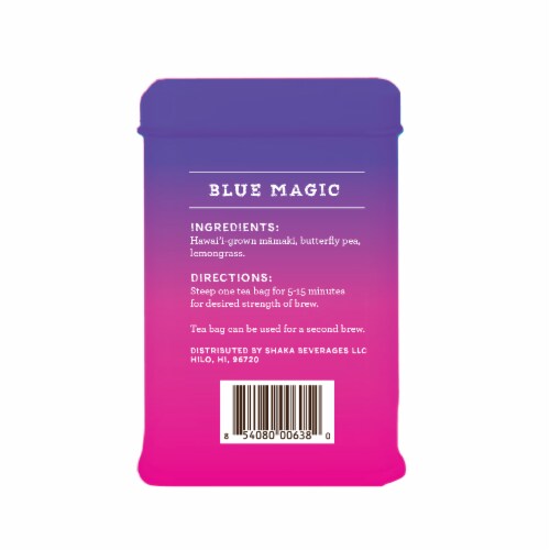 Shaka Tea Caffeine Free Mamaki Butterfly Pea & Lemongrass Blend Blue Magic Herbal Tea Bags Perspective: back