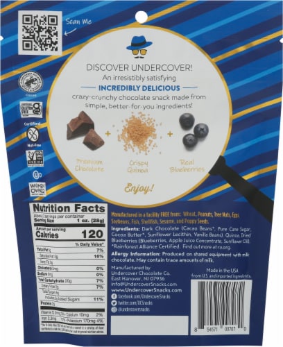 Undercover® Dark Chocolate and Blueberries Crispy Quinoa Chocolate Covered Snack Perspective: back