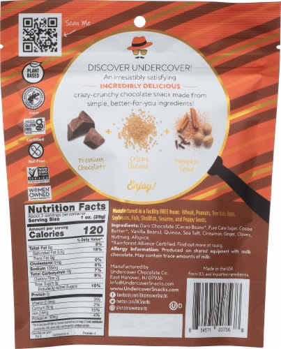 Undercover® Dark Chocolate + Pumpkin Spice Chocolate Quinoa Crisps Perspective: back