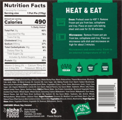 Alpha Foods Chik'n Veggie Pot Pie Frozen Meal Perspective: back