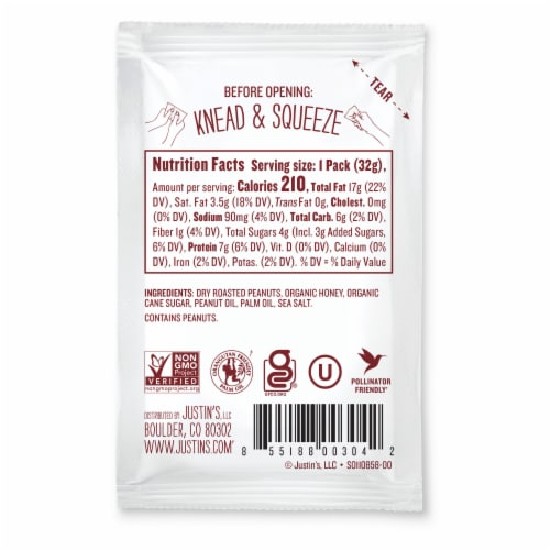 Justin's Honey Peanut Butter Spread Squeeze Pack, 1.15 oz. Perspective: back