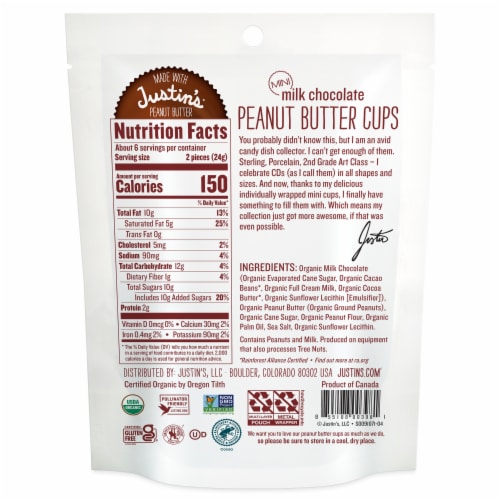 Justin's Organic Mini Milk Chocolate Peanut Butter Cups Perspective: back