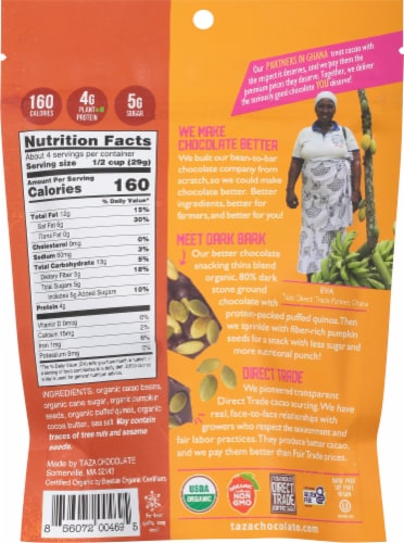 Taza Chocolate® Gluten Free Dark Bark Chocolate Pumpkin Seed Snacking Thins Perspective: back