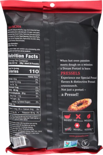 Pressel's® Sriracha Thin & Crispy Baked Pretzel Chips Perspective: back