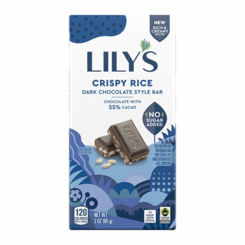 LILY'S Crispy Rice Dark Chocolate Style No Sugar Added Sweets Bar Perspective: back