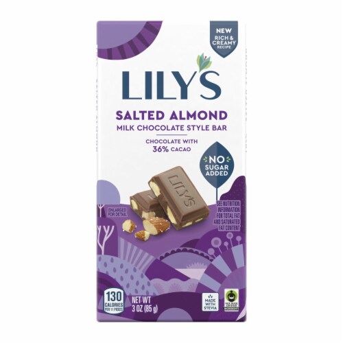 LILY'S Salted Almond Milk Chocolate Style No Sugar Added Sweets Bar Perspective: back