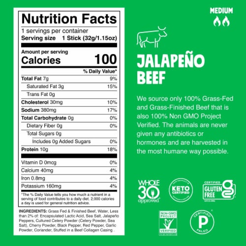 Chomps Grass-Fed and Finished Jalapeño Beef Meat Snack, 1.15oz Stick Perspective: back