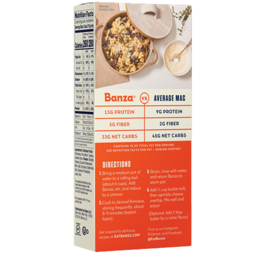 Banza® Chickpea Pasta White Cheddar Elbows Gluten Free and Lower Carb High Protein Mac and Cheese Perspective: back