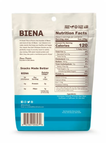 Biena® Sea Salt Chickpea Snacks Perspective: back