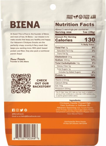 Biena Chickpea Snacks Habanero Medium Spicy Perspective: back