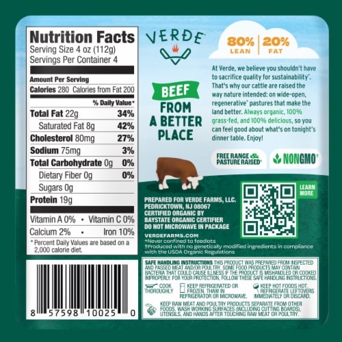 Verde® Organic Grass-Fed 80/20 Ground Beef Perspective: back
